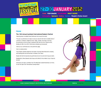 Website developed by the Design Web for the Auckland Buskers Festival Website developed by the Design Web for the Auckland Buskers Festival